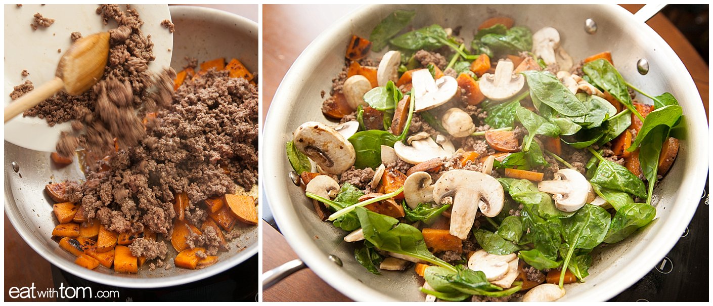 Sweet Potatoes with Hamburger Breakfast Recipe - Eat with Tom cooks paleo recipes for breakfast - Morgan Paris Fitness