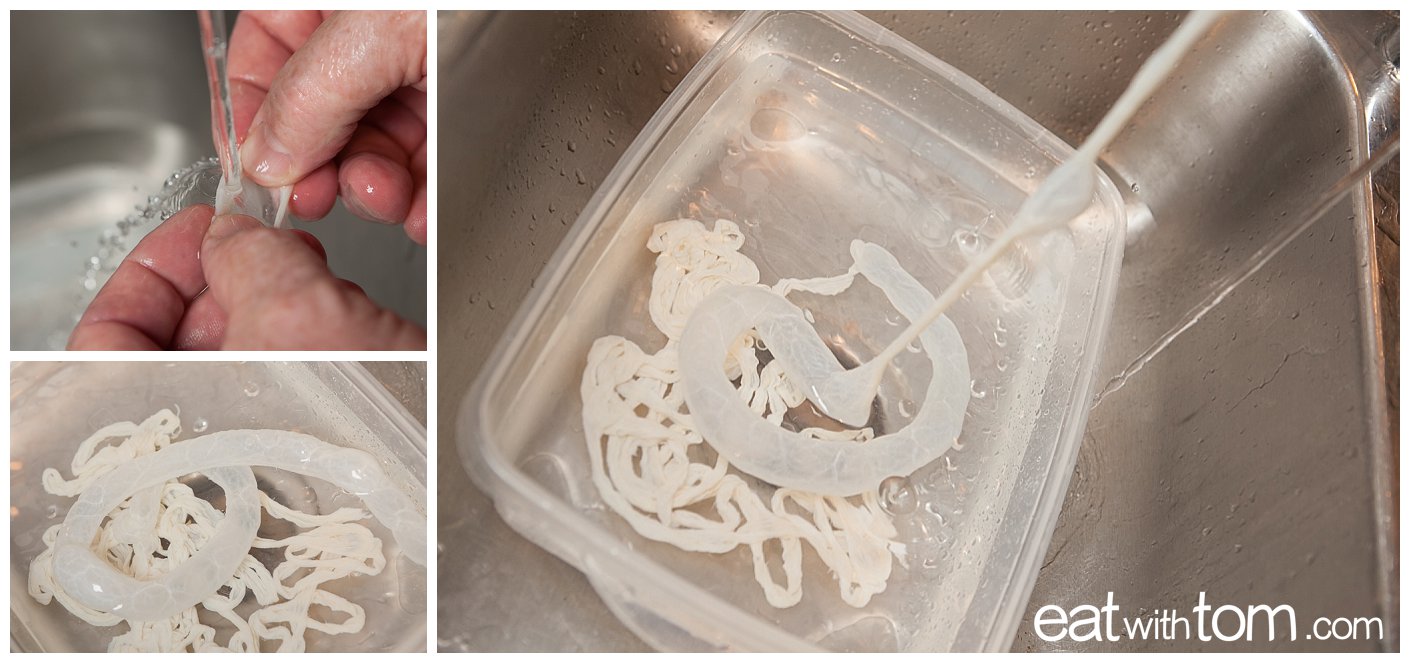 Rinse the salt off the pork casing to prepare for stuffing chorizo sausage recipe