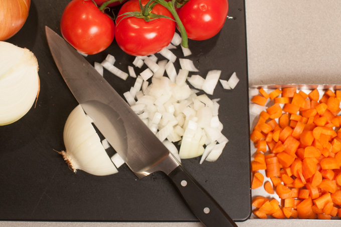Cut onions with Wustof chef knife