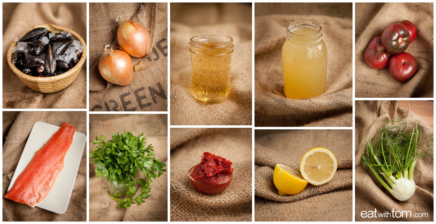 Summer Seafood Stew Recipe Salmon Mussels Fennel ingredients natural food photography Tom Schmidt photographer