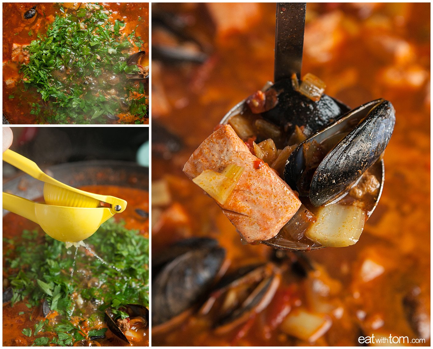 Finishing the summer seafood stew with salmon parsley tomatoes chorizo sausage