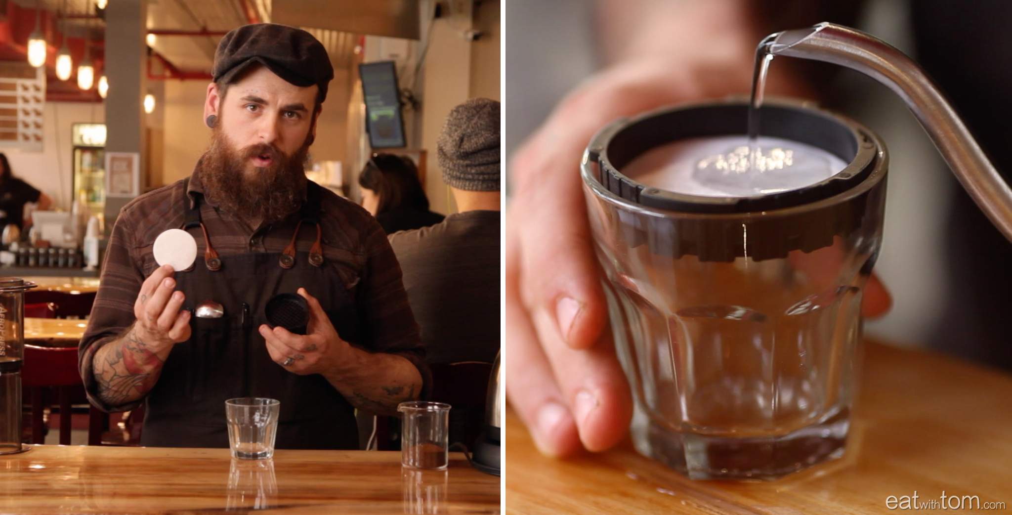 prepare the aeropress filter by rinsing with the bonavita kettle at 205 degrees eat with tom