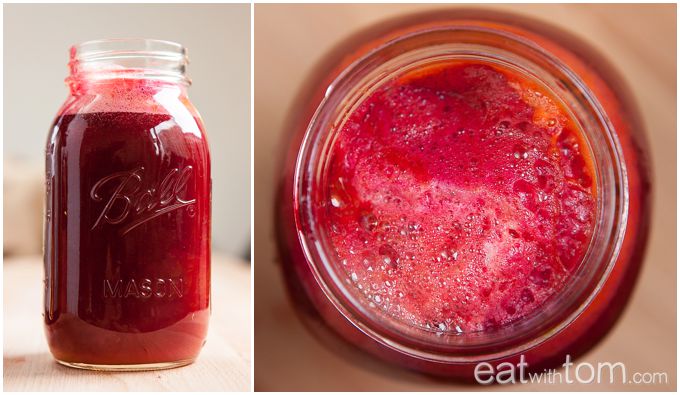 beautiful red and orange colored beet juice with oranges carrots, turmeric and ginger hurom recipes