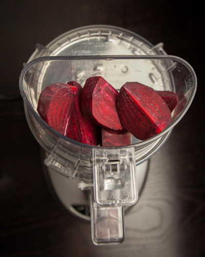 cuisinart food processor used to grate beets for vegan salad meal